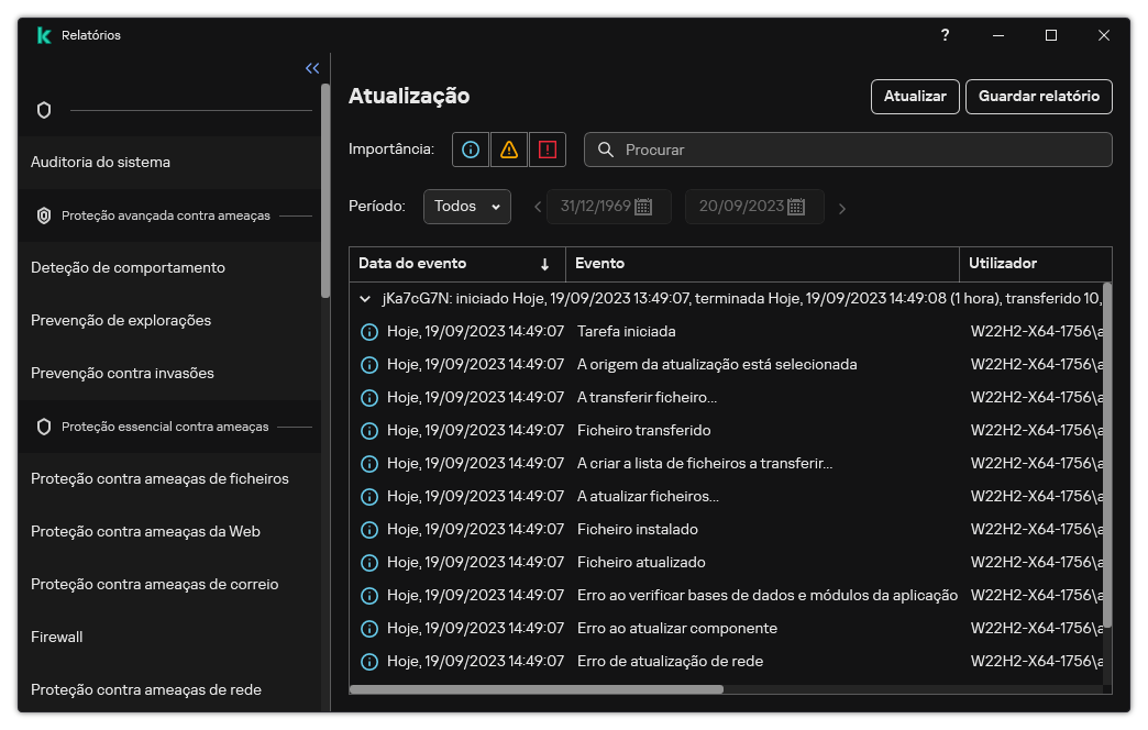 Uma janela com a lista de eventos no relatório. O utilizador pode filtrar/ordenar eventos e guardar relatórios num ficheiro.