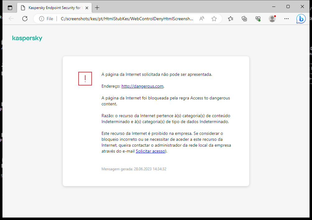 Notificação da Kaspersky sobre o bloqueio de acesso à página de Internet na janela do navegador. O utilizador pode criar um pedido para aceder ao recurso da web.