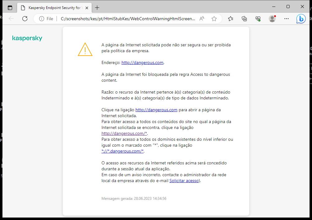 Notificação da Kaspersky sobre a visita a uma página de Internet possivelmente insegura na janela do navegador. O utilizador pode criar um pedido para aceder ao recurso da web.