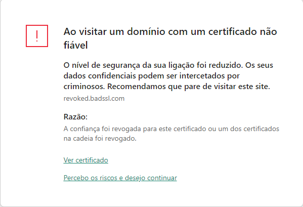 Notificação da Kaspersky sobre visitar um domínio com um certificado não fiável na janela do navegador. O utilizador pode continuar a trabalhar.