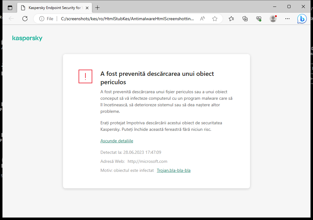 Notificare Kaspersky despre prevenirea încărcării obiectelor rău intenționate în fereastra browserului.