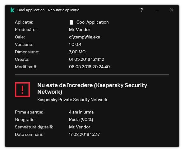 Fereastra conține informații despre reputația fișierului și alte date, cum ar fi prezența unei semnături digitale.