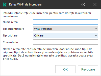 Fereastra conține setările rețelei Wi-Fi de încredere.