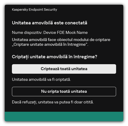 Notificare despre o unitate conectată cu criptarea fișierelor activată. Utilizatorul poate cripta fișierele sau poate refuza.