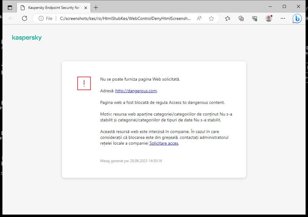 Notificare Kaspersky despre blocarea accesului la pagina web în fereastra browserului. Utilizatorul poate crea o solicitare de accesare a resursei web.