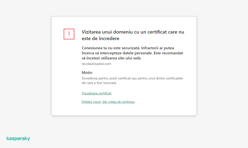 Notificare Kaspersky despre vizitarea unui domeniu cu un certificat care nu este de încredere în fereastra browserului. Utilizatorul poate continua lucrul.