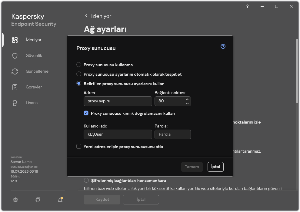 Proxy sunucusu bağlantısını yapılandırma penceresi. Kullanıcı, proxy sunucusunun adresini ve proxy sunucusuna bağlanmak için kimlik bilgilerini ayarlayabilir.