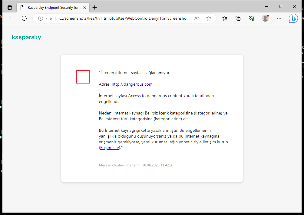 Tarayıcı penceresinde web sayfasına erişimin engellenmesi hakkında Kaspersky bildirimi. Kullanıcı, web kaynağına erişmek için bir istek oluşturabilir.