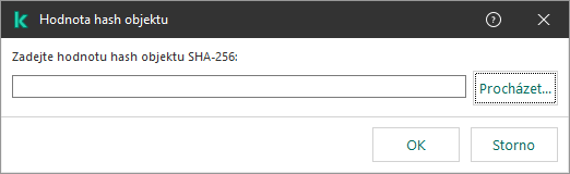 Okno s polem pro zadání hash součtu objektu. Uživatel může vybrat objekt pomocí správce souborů.