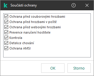 Okno se seznamem součástí aplikace. Výjimka se vztahuje pouze na provoz vybraných součástí.