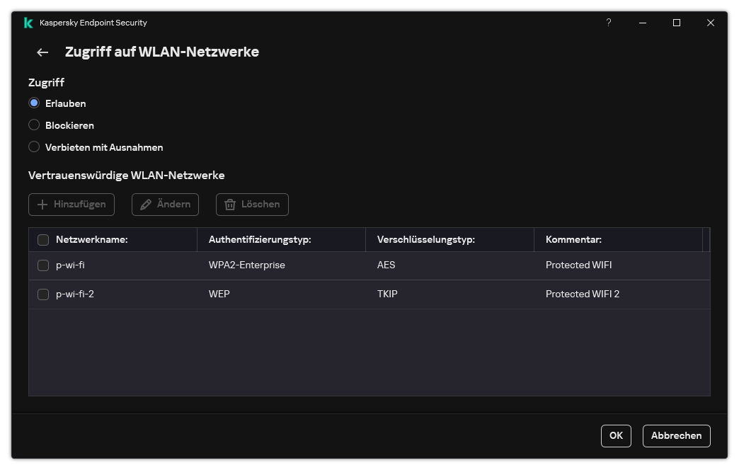 Ein Fenster mit einer Liste der WLAN-Netzwerke. Der Benutzer kann den Zugriff auf alle WLAN-Netzwerke konfigurieren und vertrauenswürdige WLAN-Netzwerke hinzufügen.