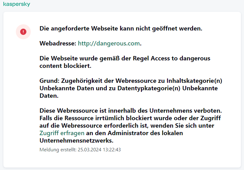 Kaspersky-Benachrichtigung: Blockieren des Zugriffs auf die Webseite im Browserfenster. Der Benutzer kann eine Zugriffsanfrage für die Webressource erstellen.