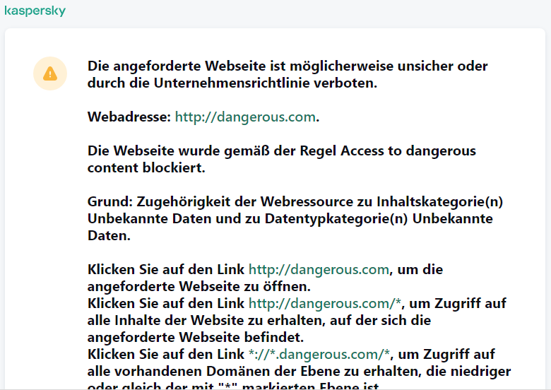 Kaspersky-Benachrichtigung: Besuch einer möglicherweise unsicheren Webseite im Browserfenster. Der Benutzer kann eine Zugriffsanfrage für die Webressource erstellen.