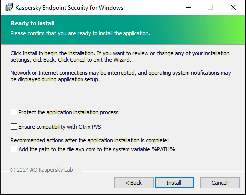 Installation settings window: installation protection, compatibility with Citrix PVS, system variable for avp.com.