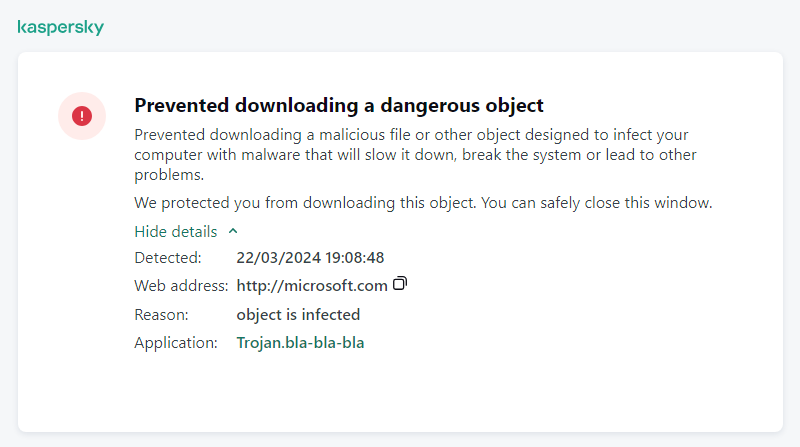 Kaspersky notification about preventing malicious object from loading in the browser window.