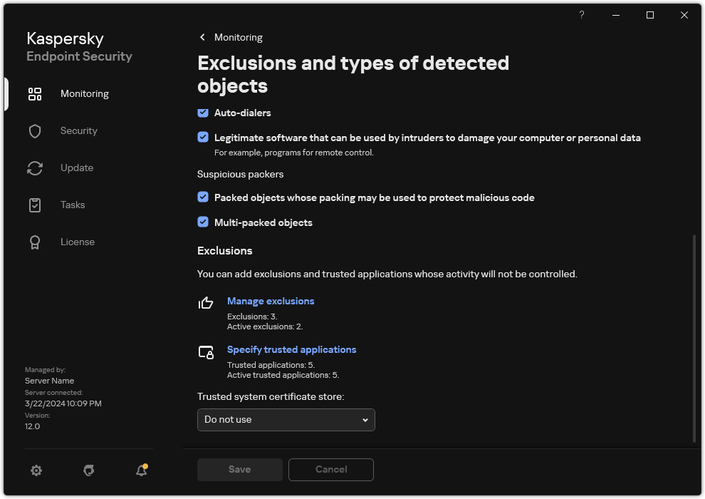 Exclusion settings window. The user can add exclusions and trusted applications.