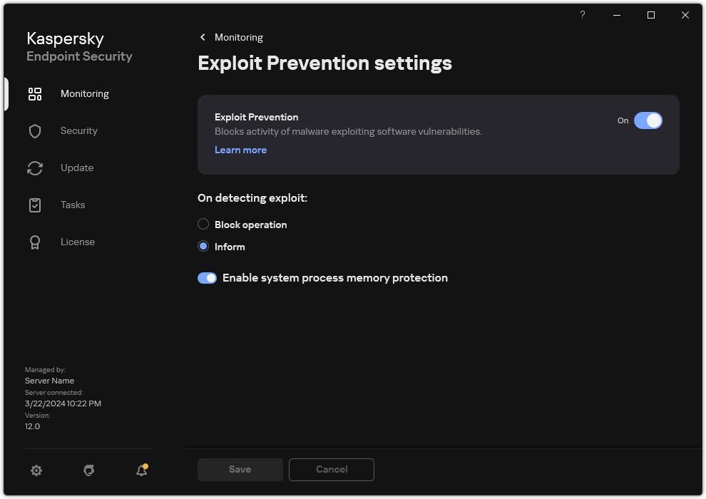 Exploit Prevention settings window