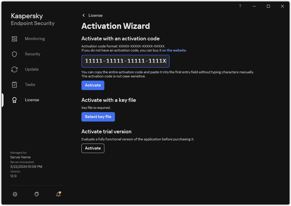 Window with the application activation tools. The user can enter an activation code or select a key file.