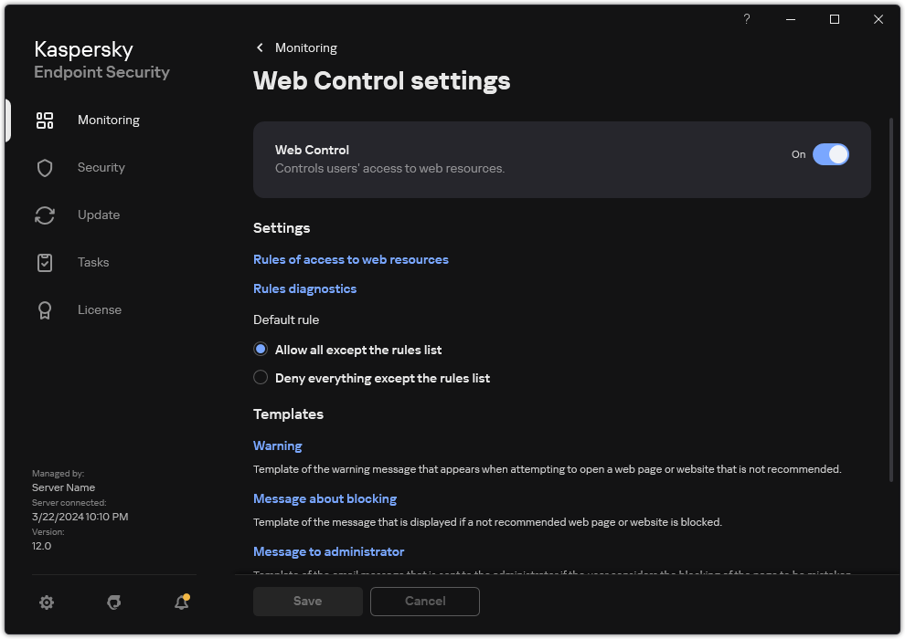 Web Control settings window.