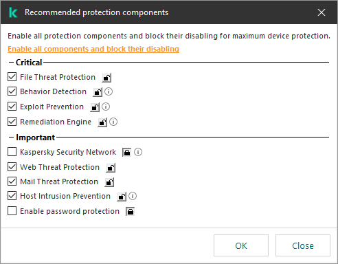 Window for enabling recommended protection components. You can enable all protection components and prevent them from being disabled.