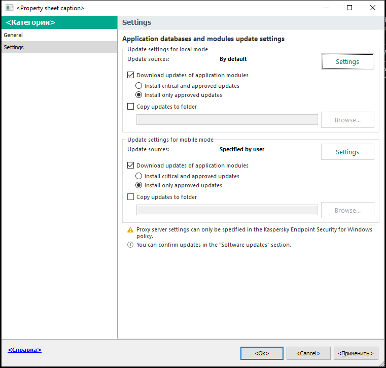 The Update task settings window. The user can configure the update in local and mobile modes.