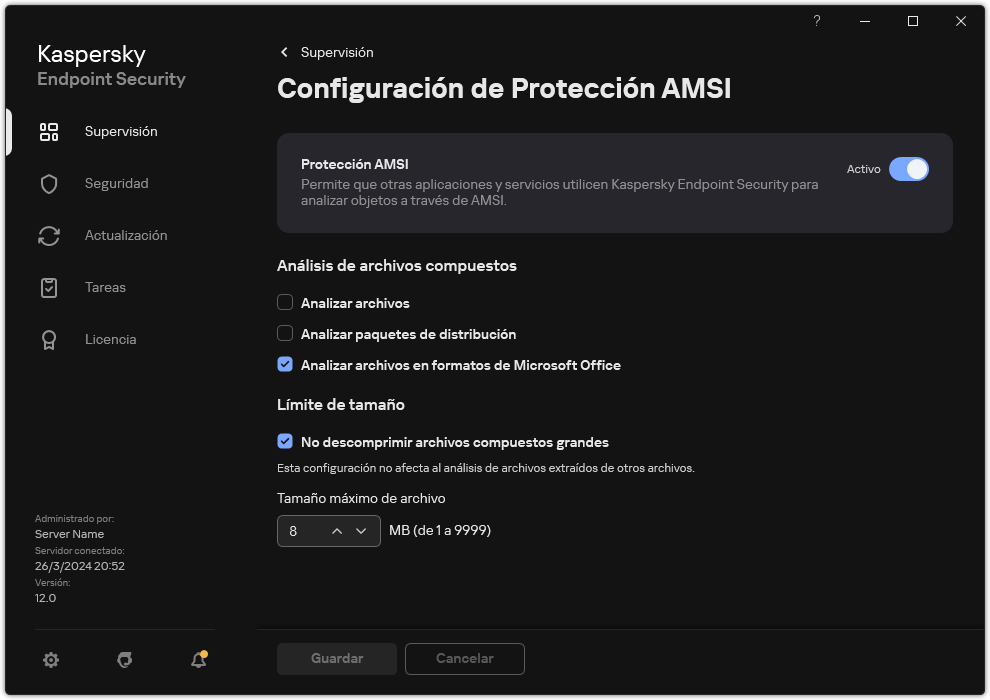 Ventana Configuración de Protección AMSI.