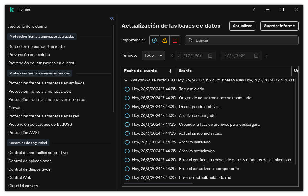 Una ventana con la lista de eventos del informe. El usuario puede filtrar/ordenar eventos y guardar informes en un archivo.