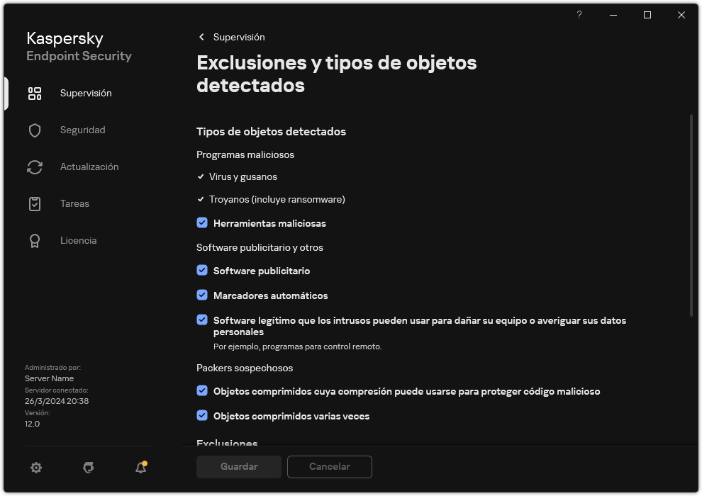 Ventana de configuración de exclusiones. El usuario puede seleccionar tipos de objetos detectados y añadir objetos a exclusiones.