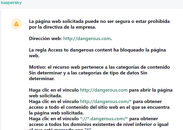 Notificación de Kaspersky sobre la visita a una página web potencialmente no segura en la ventana del navegador. El usuario puede crear una solicitud para acceder al recurso web.