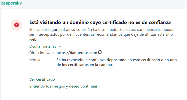 Notificación de Kaspersky sobre la visita a un dominio con un certificado que no es de confianza en la ventana del navegador. El usuario puede seguir trabajando.