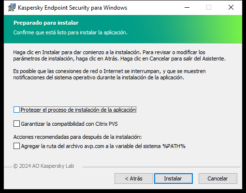 Ventana de Configuración de instalación: protección de la instalación, compatibilidad con Citrix PVS, variable del sistema para avp.com.