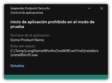 Notificación de que el inicio de la aplicación está prohibido en el modo de prueba. El usuario puede ver información detallada sobre la regla.