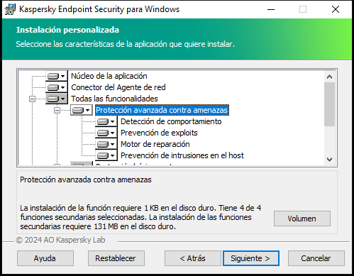 Ventana del instalador que contiene una lista de componentes que un usuario puede seleccionar.