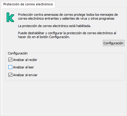 Extensión de Kaspersky para la ventana de Outlook. El usuario puede configurar los mensajes para que se analicen al recibirlos, leerlos o enviarlos.