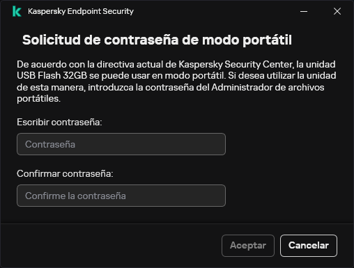 La ventana contiene campos para ingresar y confirmar la contraseña.