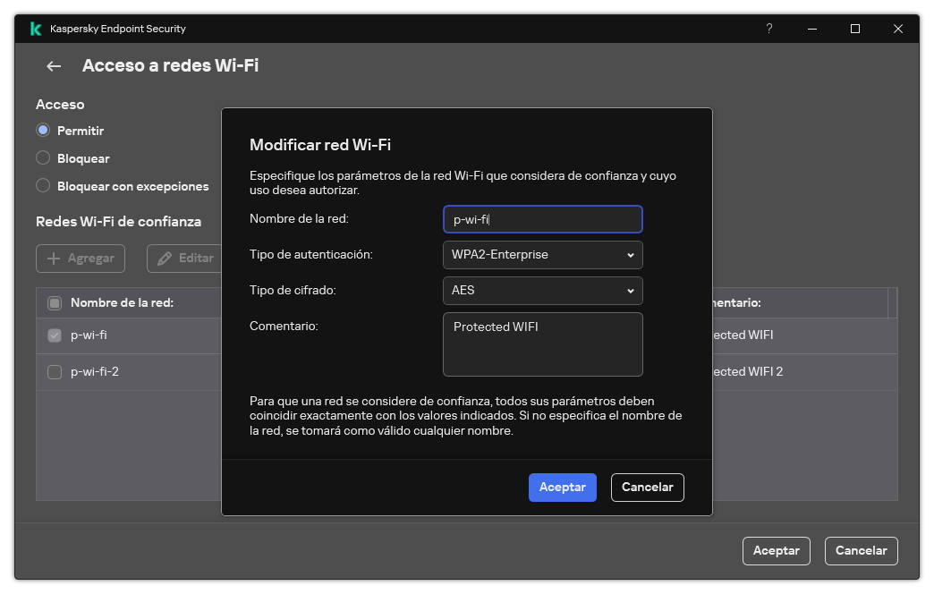 La ventana contiene la configuración de la red Wi-Fi de confianza.