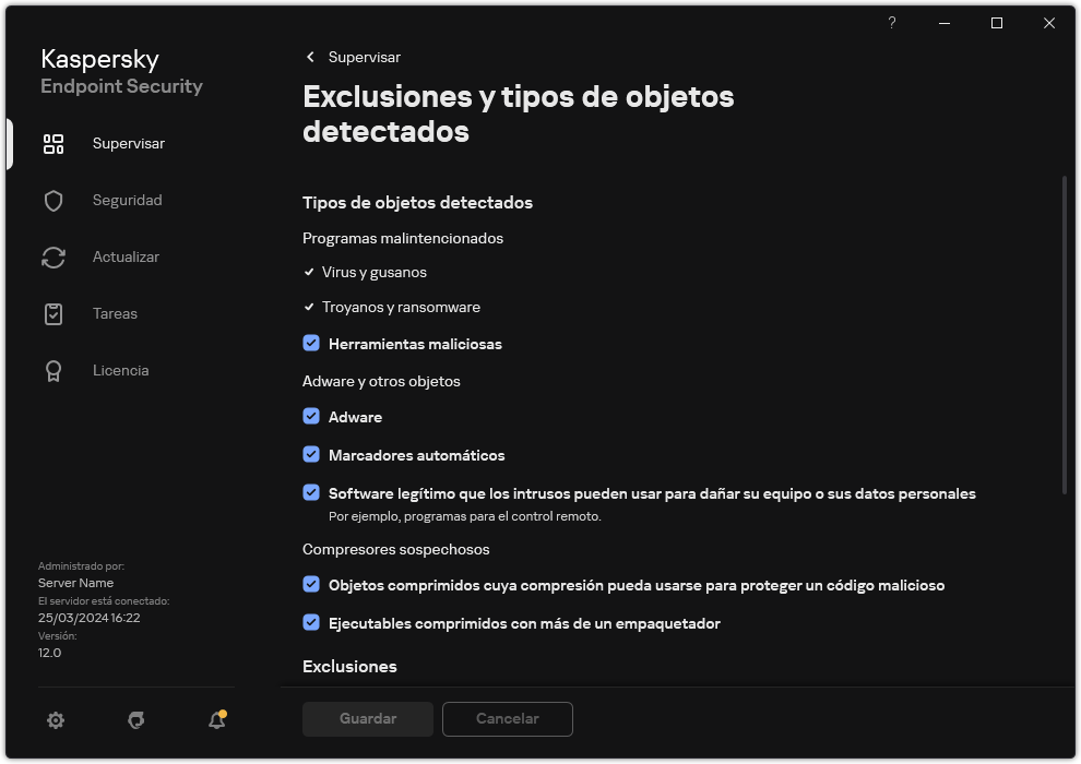 Ventana Configuración de exclusiones. El usuario puede seleccionar tipos de objetos detectados y agregar objetos a exclusiones.