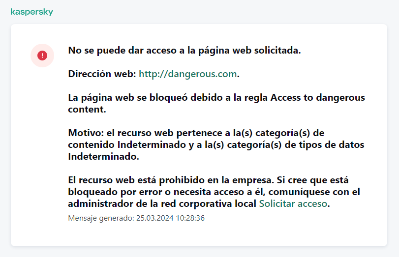 Notificación de Kaspersky sobre el bloqueo del acceso a la página web en la ventana del navegador. El usuario puede crear una solicitud para acceder al recurso web.