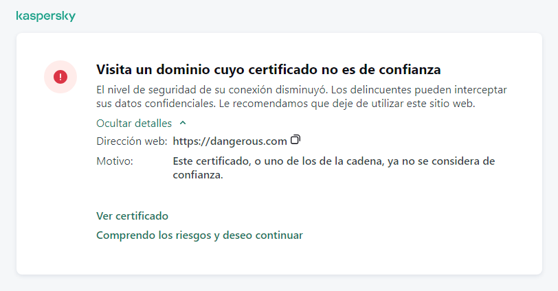 Notificación de Kaspersky sobre la visita a un dominio cuyo certificado no es de confianza en la ventana del navegador. El usuario puede seguir trabajando.