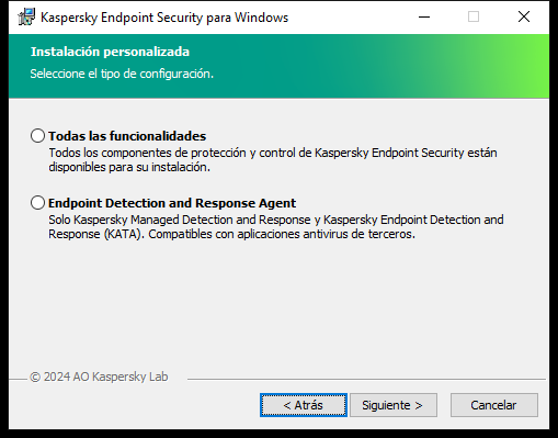 Ventana del instalador con configuración de la aplicación: Todas las funcionalidades o Endpoint Detection and Response Agent.