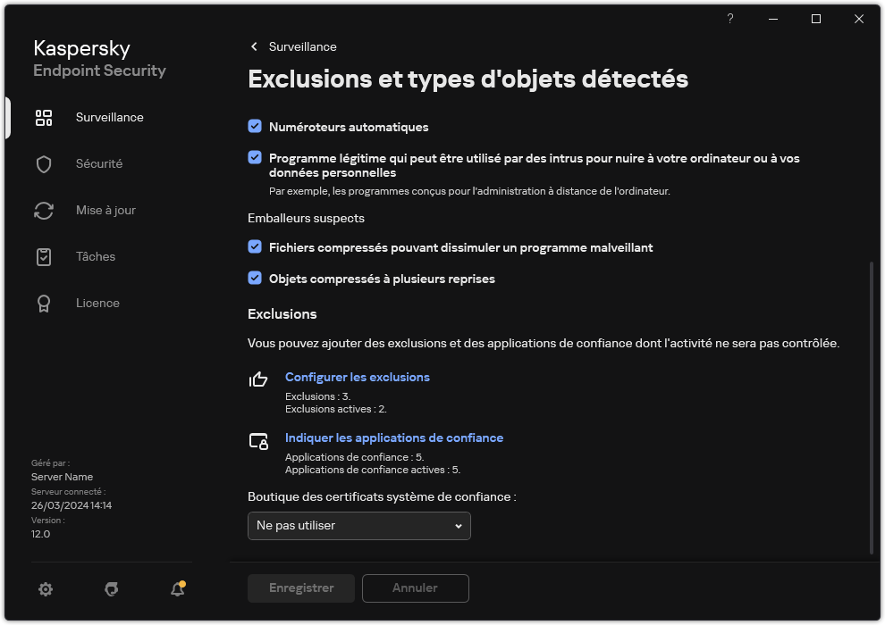 Fenêtre des paramètres d'exclusion. L'utilisateur peut ajouter des exclusions et des applications de confiance.