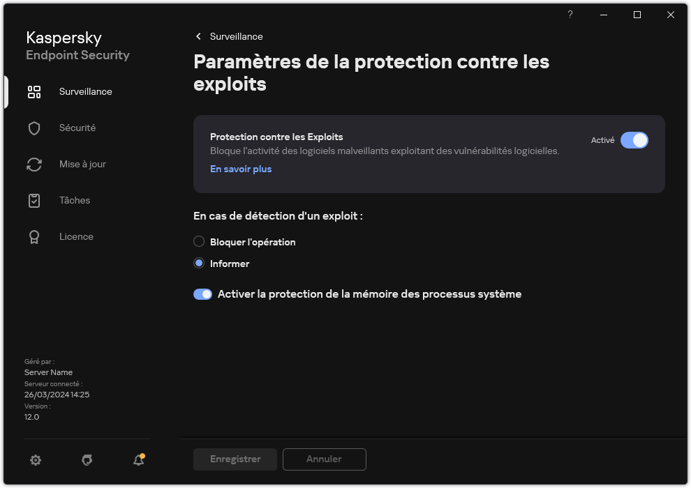 Fenêtre des paramètres de protection contre les exploits