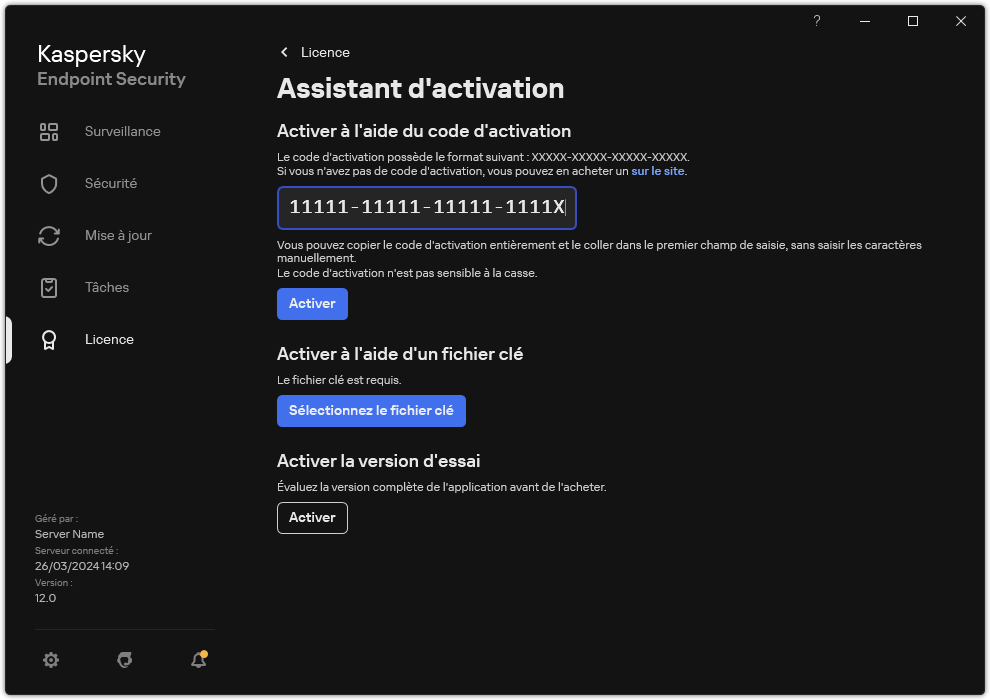 Fenêtre avec les outils d'activation de l'application. L'utilisateur peut saisir un code d'activation ou sélectionnez un fichier clé.
