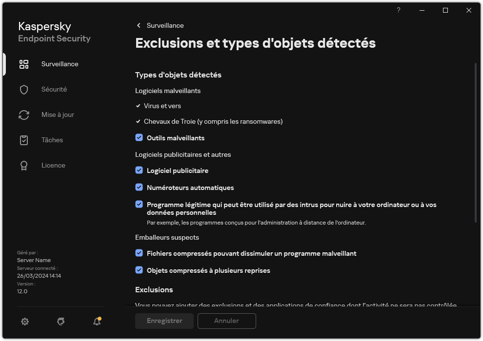 Fenêtre des paramètres d'exclusion. L'utilisateur peut sélectionner les types d'objets détectés et ajouter des objets aux exclusions.