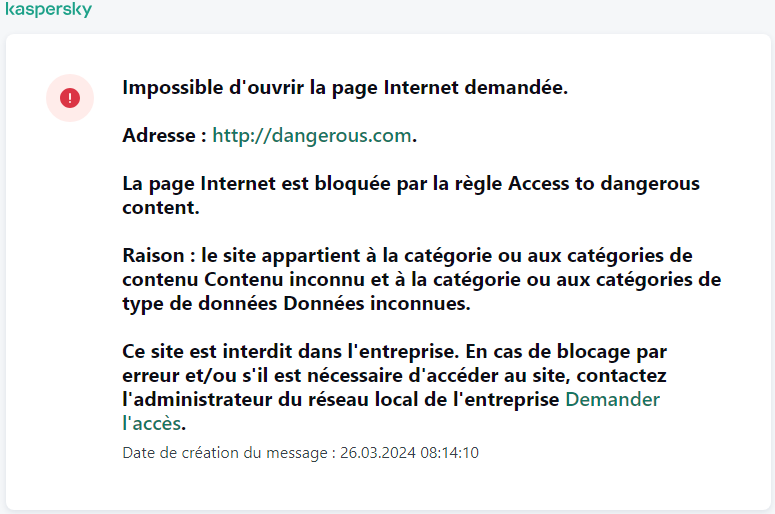 Notification de Kaspersky sur l'interdiction d'accès à la page Internet dans la fenêtre du navigateur. L'utilisateur peut créer une demande d'accès à la ressource Internet.