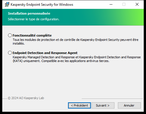 Fenêtre du programme d'installation avec configuration de l'application : fonctionnalités complètes ou Endpoint Detection and Response Agent.