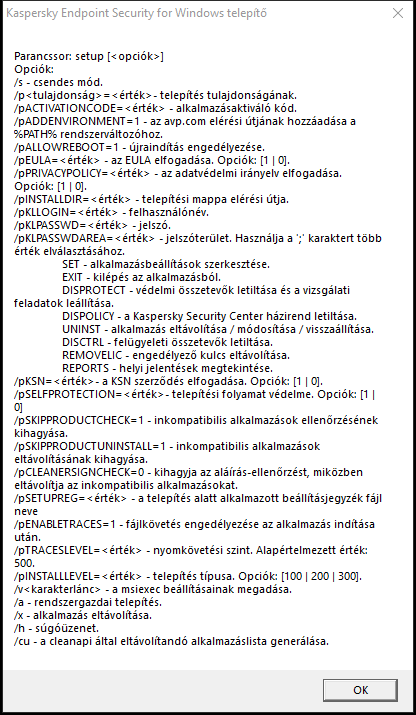 Elemleírás ablak, amely ismerteti az alkalmazás parancssoron keresztüli telepítésének beállításait.