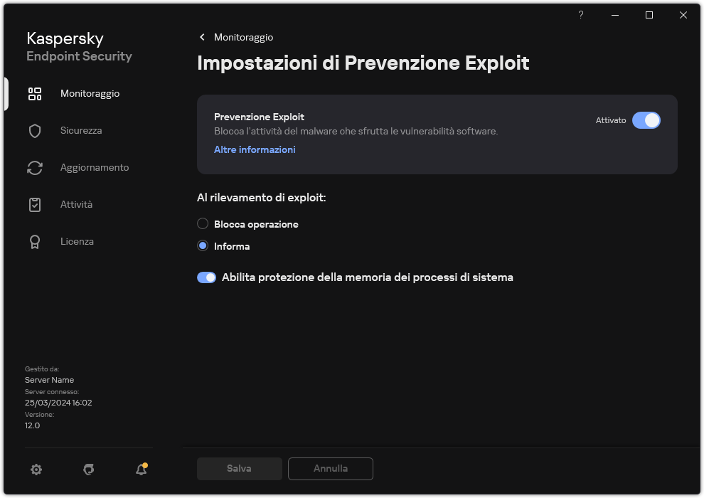 Finestra Impostazioni di Prevenzione Exploit