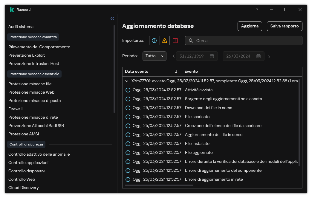 Una finestra con l'elenco degli eventi nel rapporto. L'utente può filtrare/ordinare gli eventi e salvare i rapporti in un file.