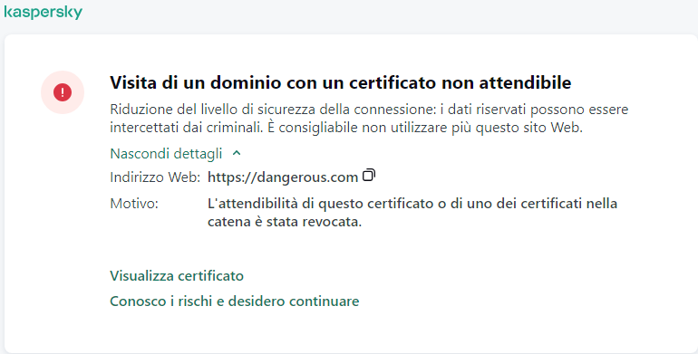 Notifica di Kaspersky sulla visita a un dominio con un certificato non attendibile nella finestra del browser. L'utente può continuare a lavorare.